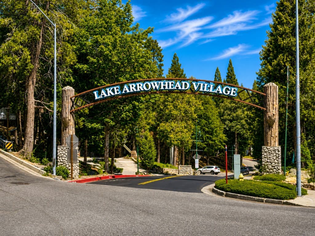 Lake Arrowhead Village entrance arch over a two-lane mountain road, with forested hills beyond.