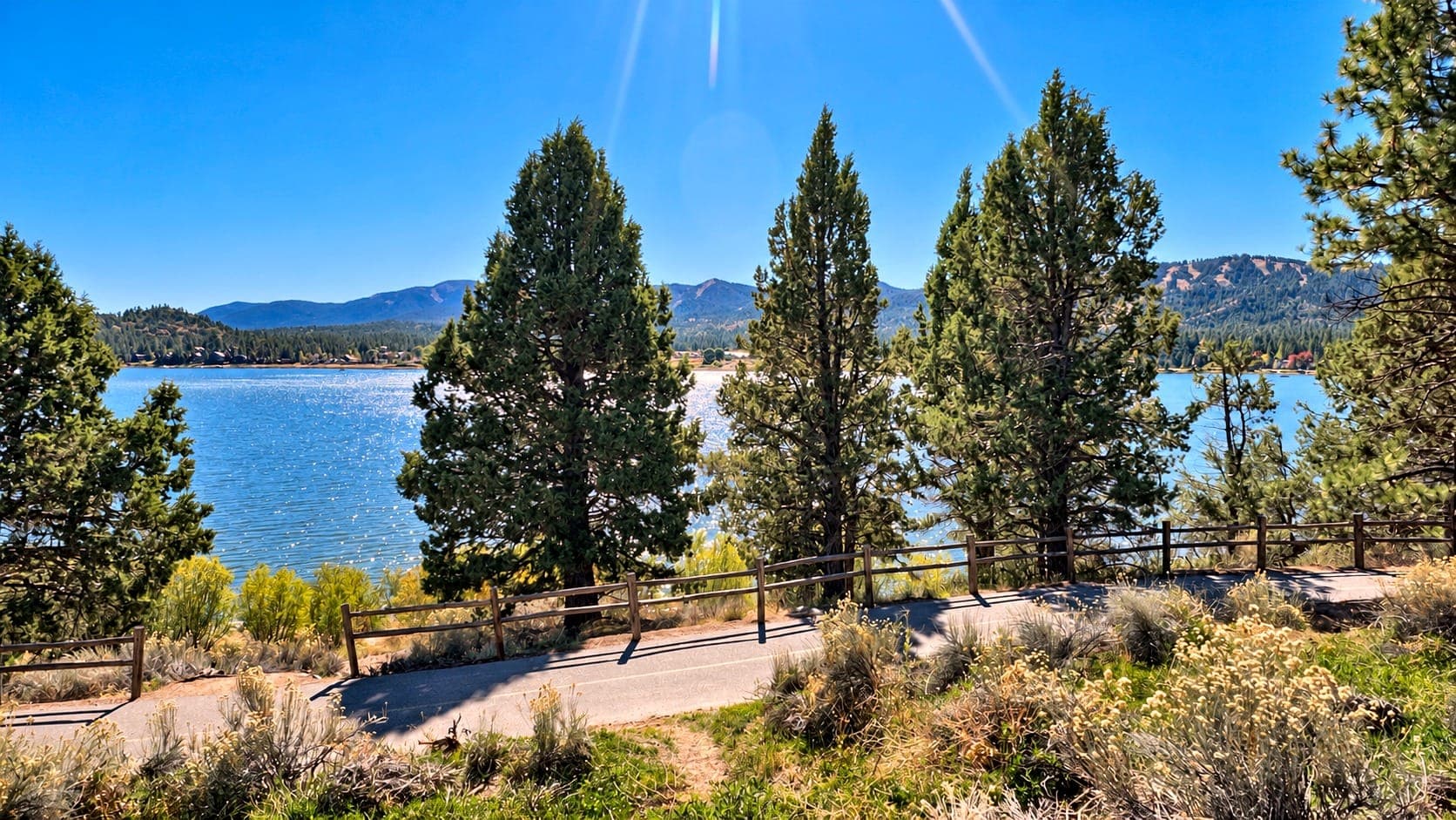 Tall pine trees beside a lakeside path overlooking Big Bear Lake and distant mountains