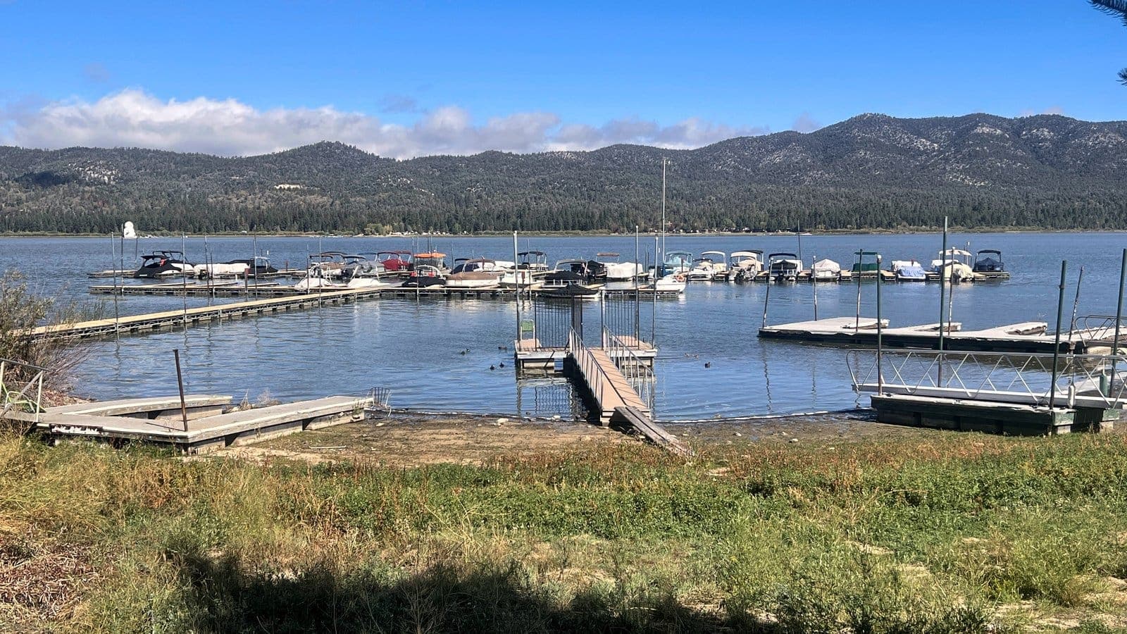 A marina with docked boats on a calm mountain lake beneath a forested ridge in the San Bernardino Mountains